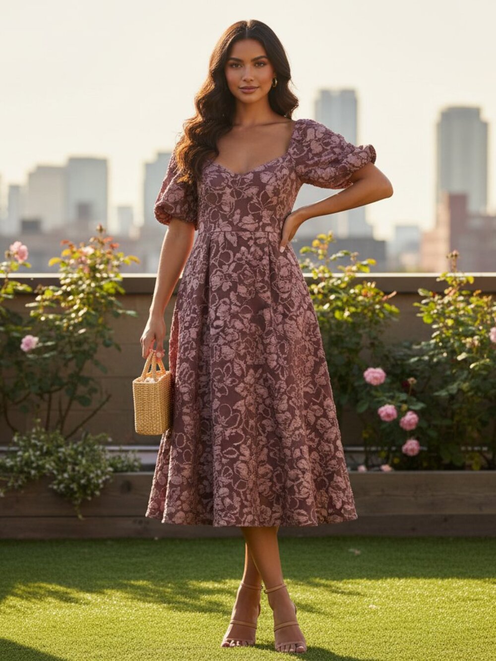 Lace Floral Midi Dress with Puff Sleeves - Mauve Pink
